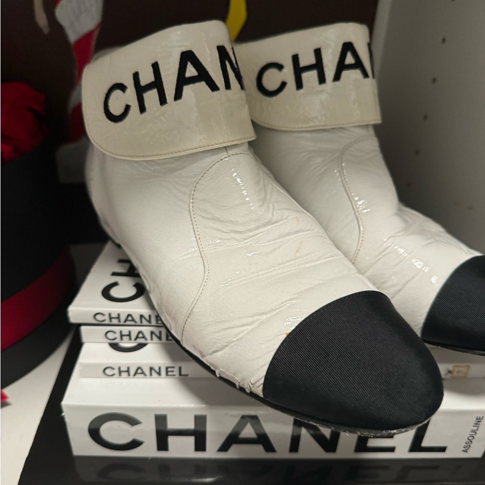 Chanel Black and White Patent Leather Ankle Boots